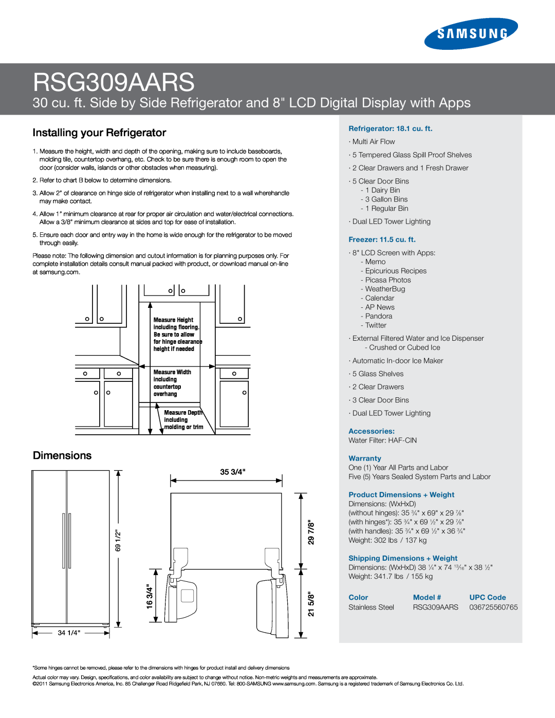 Samsung RSG309AARS manual Installing your Refrigerator, Dimensions, 35 3/4 