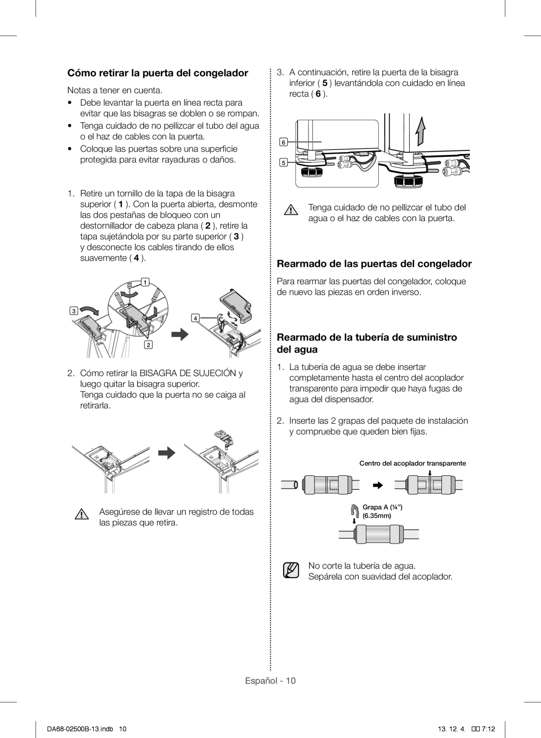 Samsung RSG309AARS/XAA manual Cómo retirar la puerta del congelador, Notas a tener en cuenta 