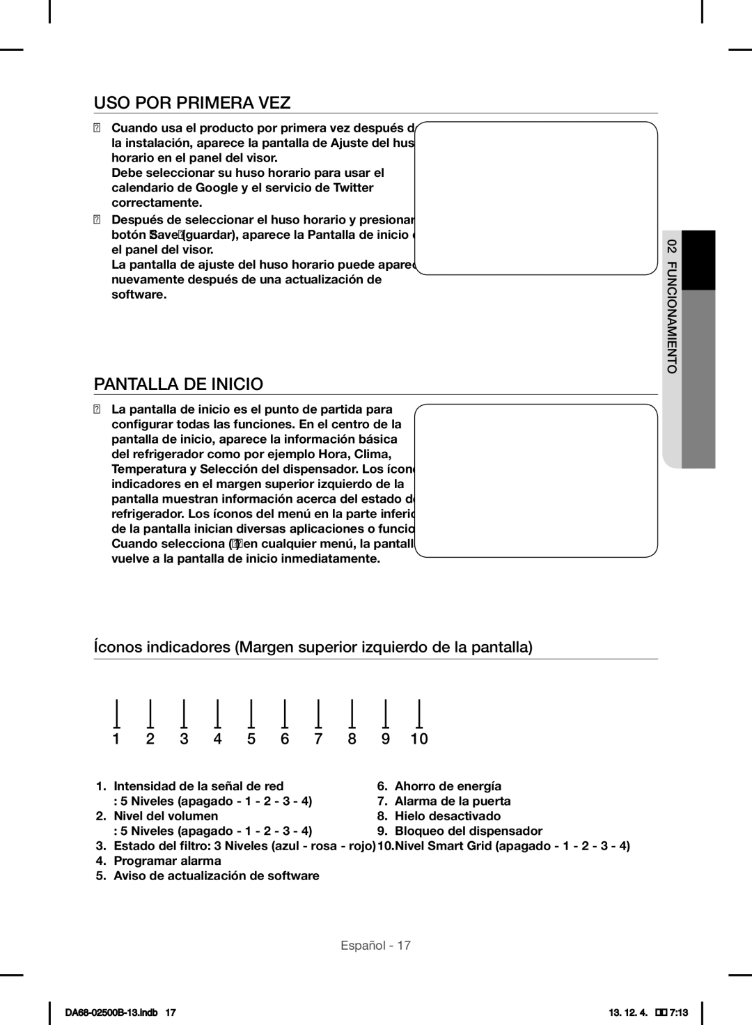 Samsung RSG309AARS/XAA manual USO POR Primera VEZ, Pantalla DE Inicio 