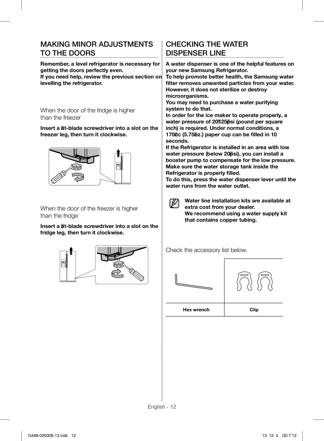 Samsung RSG309AARS/XAA manual Making Minor Adjustments to the Doors, Checking the Water Dispenser Line 