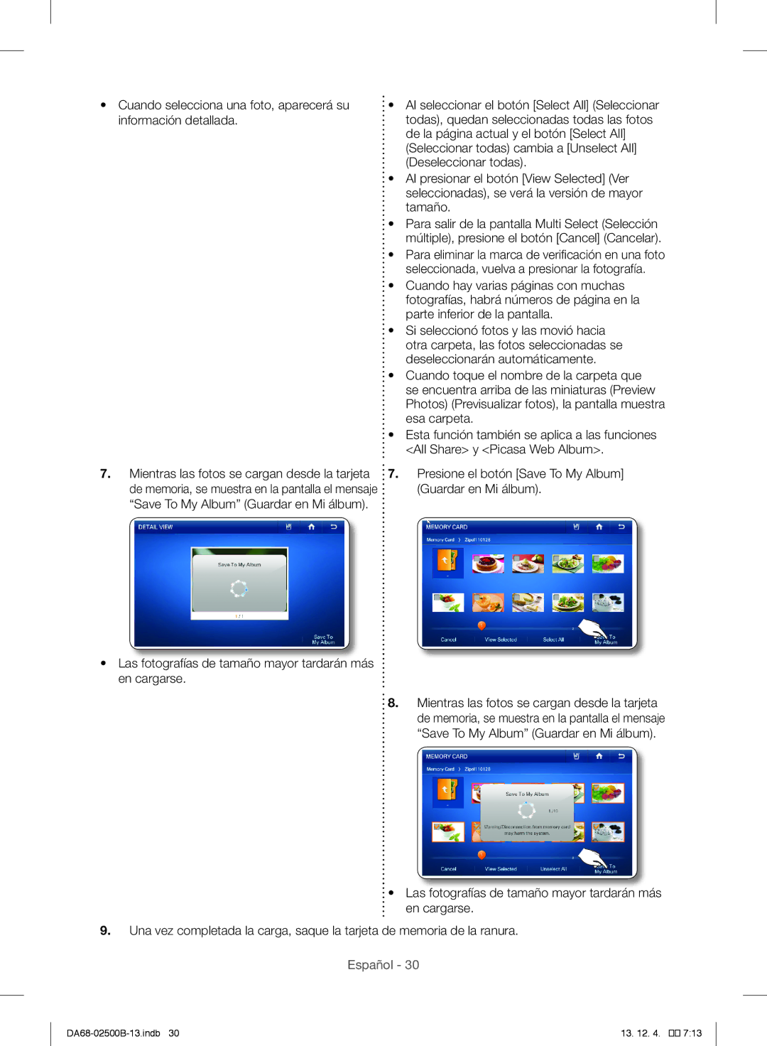 Samsung RSG309AARS/XAA manual Cuando selecciona una foto, aparecerá su, Información detallada, Deseleccionar todas, Tamaño 