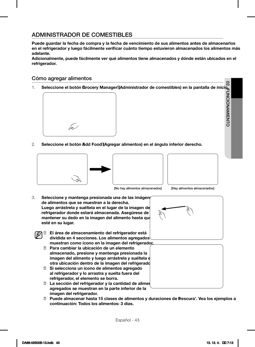 Samsung RSG309AARS/XAA manual Administrador DE Comestibles, Cómo agregar alimentos 