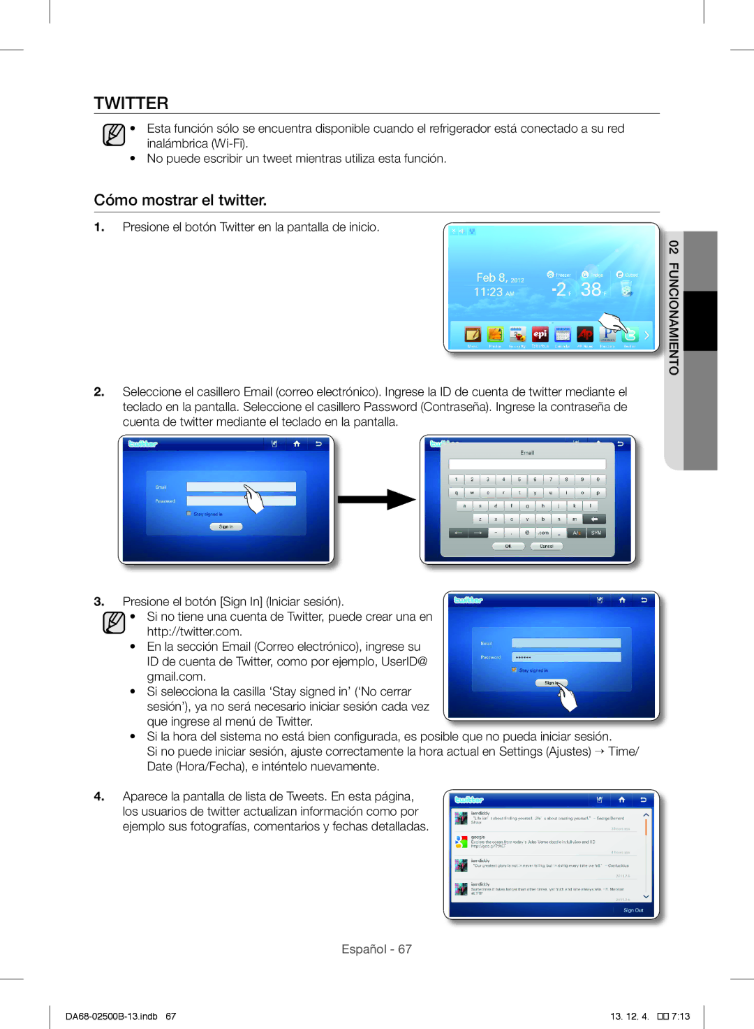 Samsung RSG309AARS/XAA manual Twitter, Cómo mostrar el twitter 