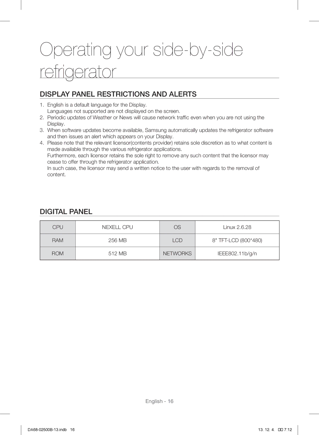 Samsung RSG309AARS/XAA manual Display Panel Restrictions and Alerts, Digital Panel 