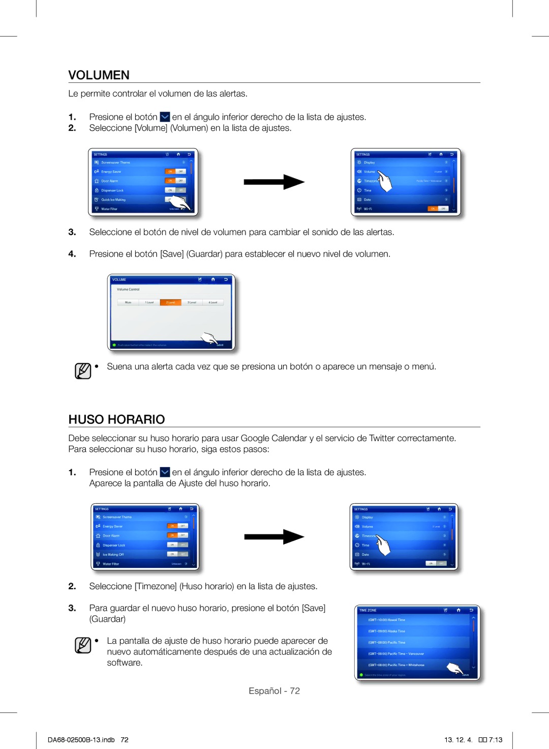 Samsung RSG309AARS/XAA manual Volumen, Huso Horario 