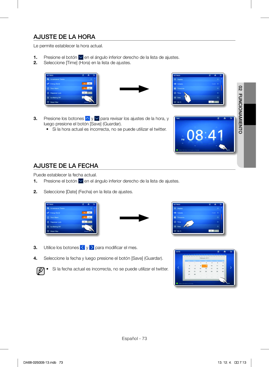 Samsung RSG309AARS/XAA manual Ajuste DE LA Hora, Ajuste DE LA Fecha 