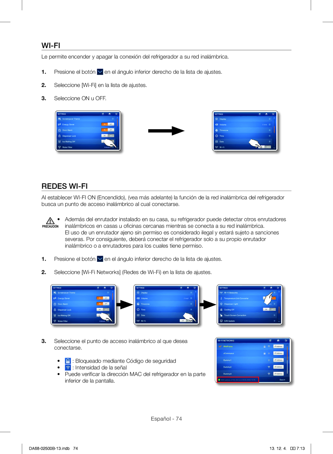 Samsung RSG309AARS/XAA manual Wi-Fi, Redes WI-FI 