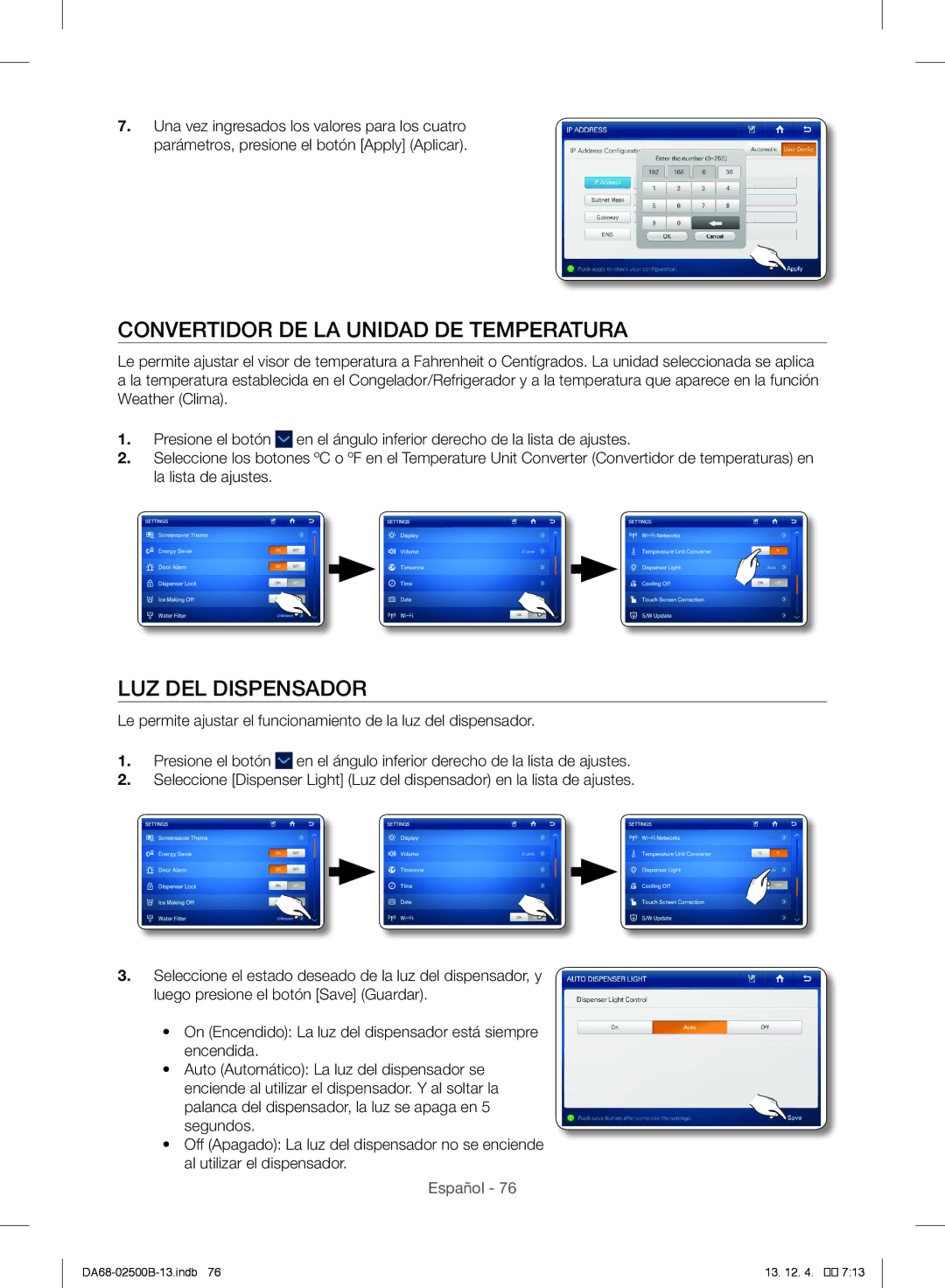 Samsung RSG309AARS/XAA manual Convertidor DE LA Unidad DE Temperatura, LUZ DEL Dispensador 