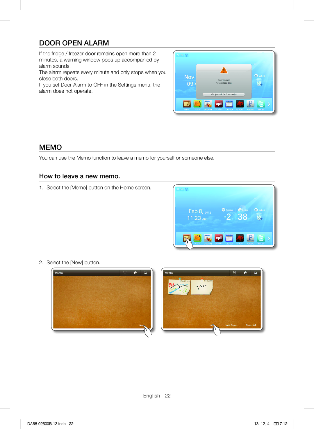 Samsung RSG309AARS/XAA manual Door Open Alarm, Memo, How to leave a new memo 