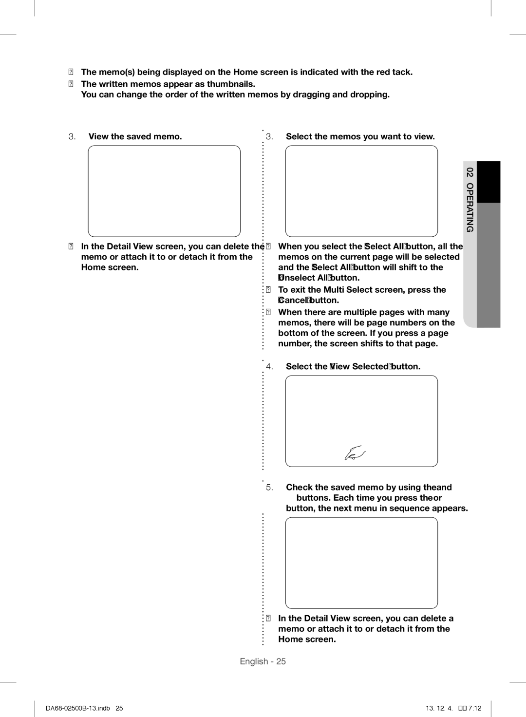 Samsung RSG309AARS/XAA manual View the saved memo Select the memos you want to view, Select the View Selected button 