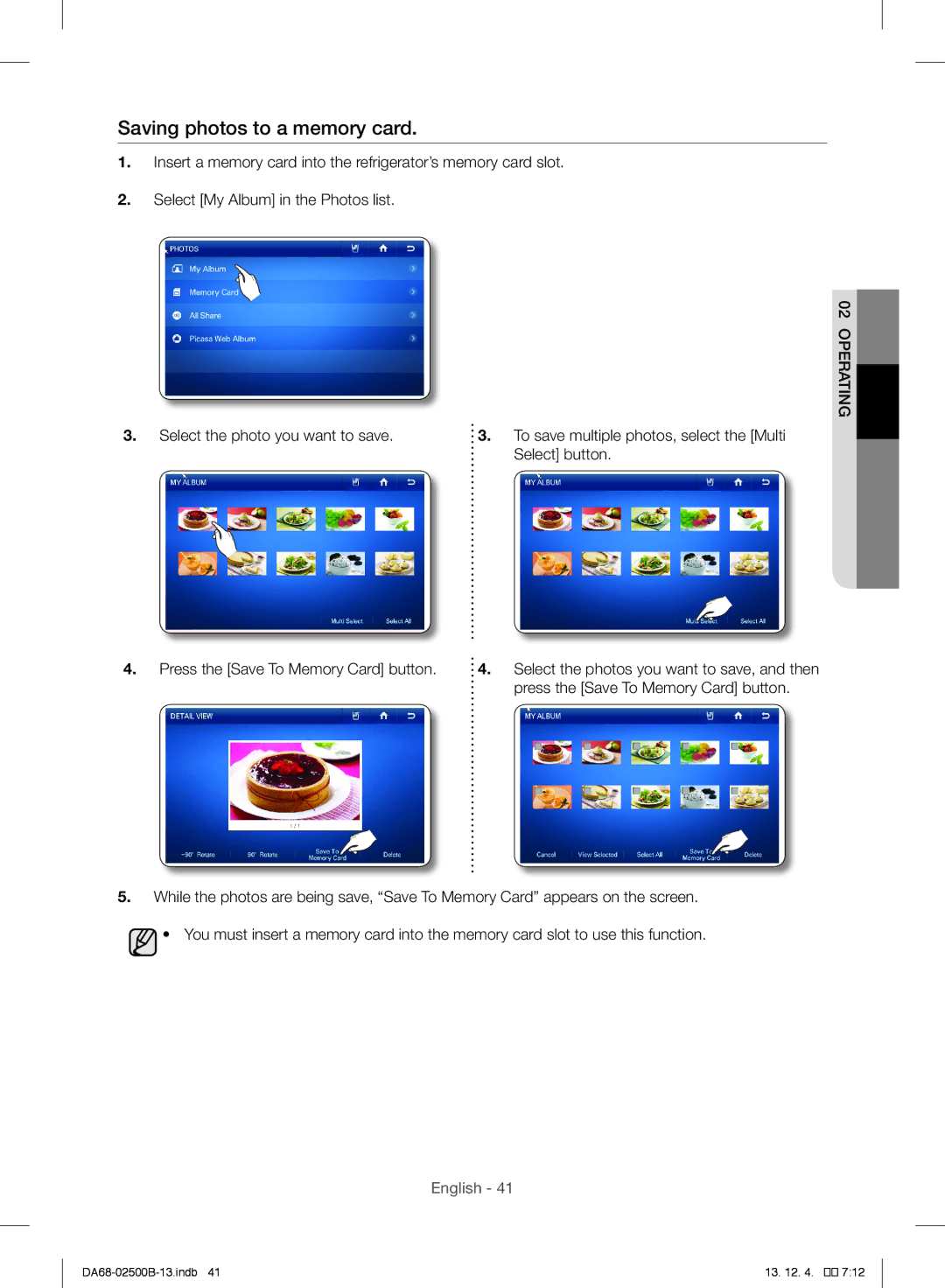 Samsung RSG309AARS/XAA manual Saving photos to a memory card 