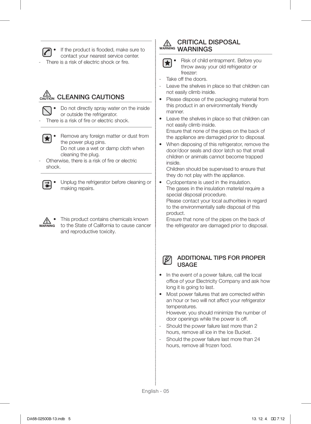 Samsung RSG309AARS/XAA manual Critical Disposal, Reproductive toxicity 