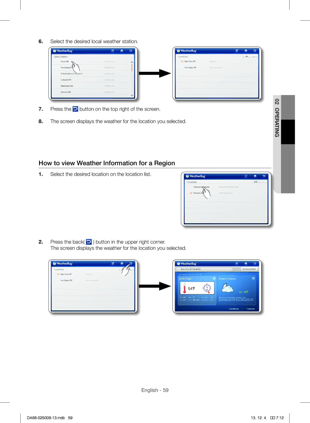 Samsung RSG309AARS/XAA manual How to view Weather Information for a Region 