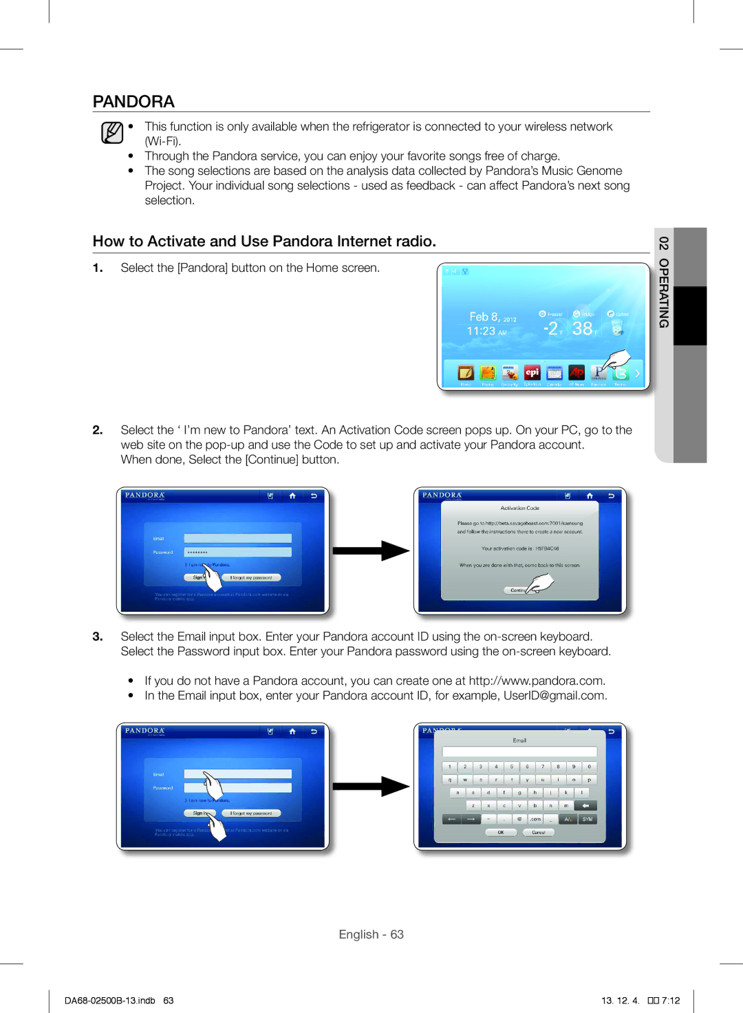 Samsung RSG309AARS/XAA manual How to Activate and Use Pandora Internet radio 