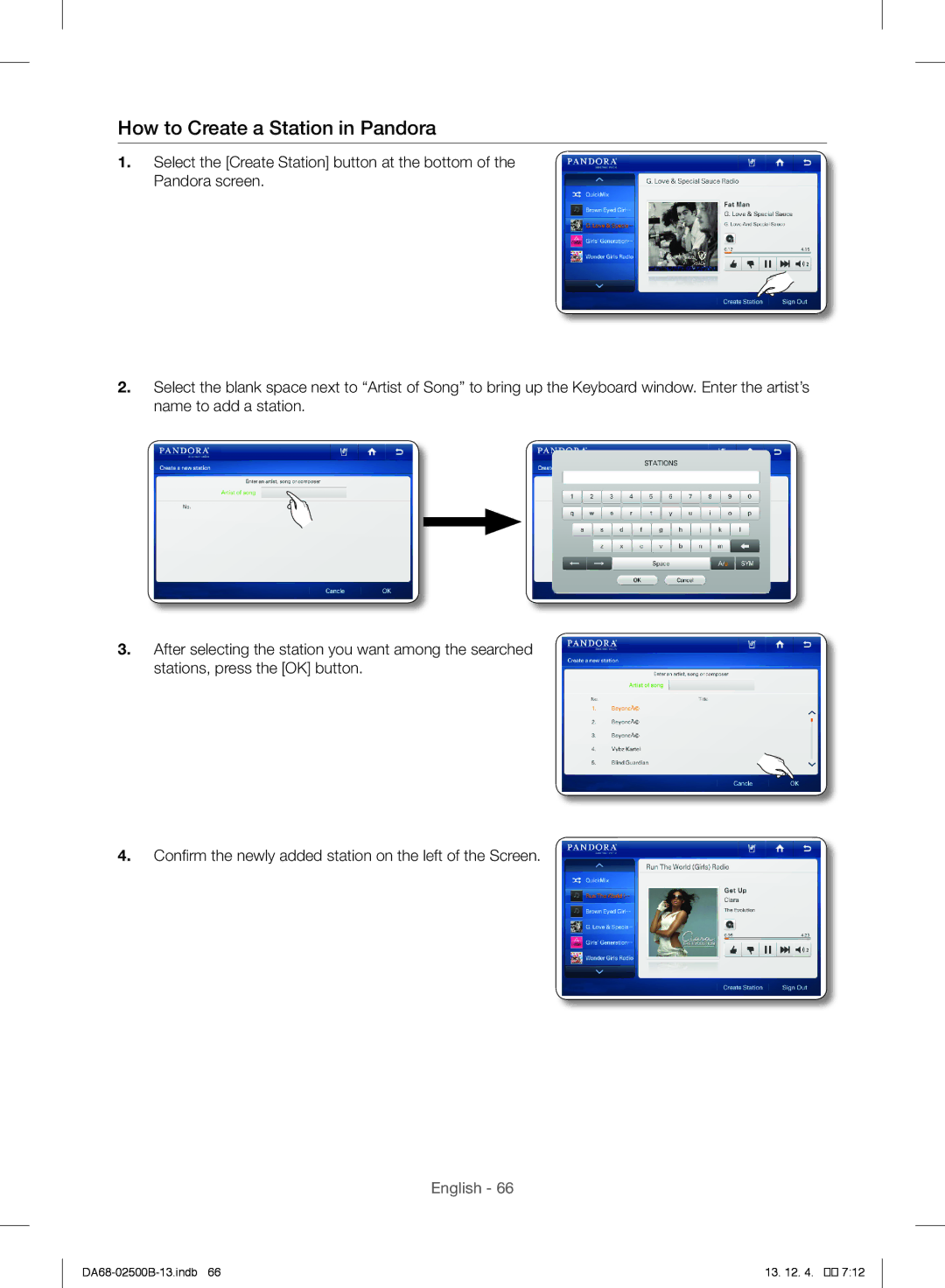 Samsung RSG309AARS/XAA manual How to Create a Station in Pandora 