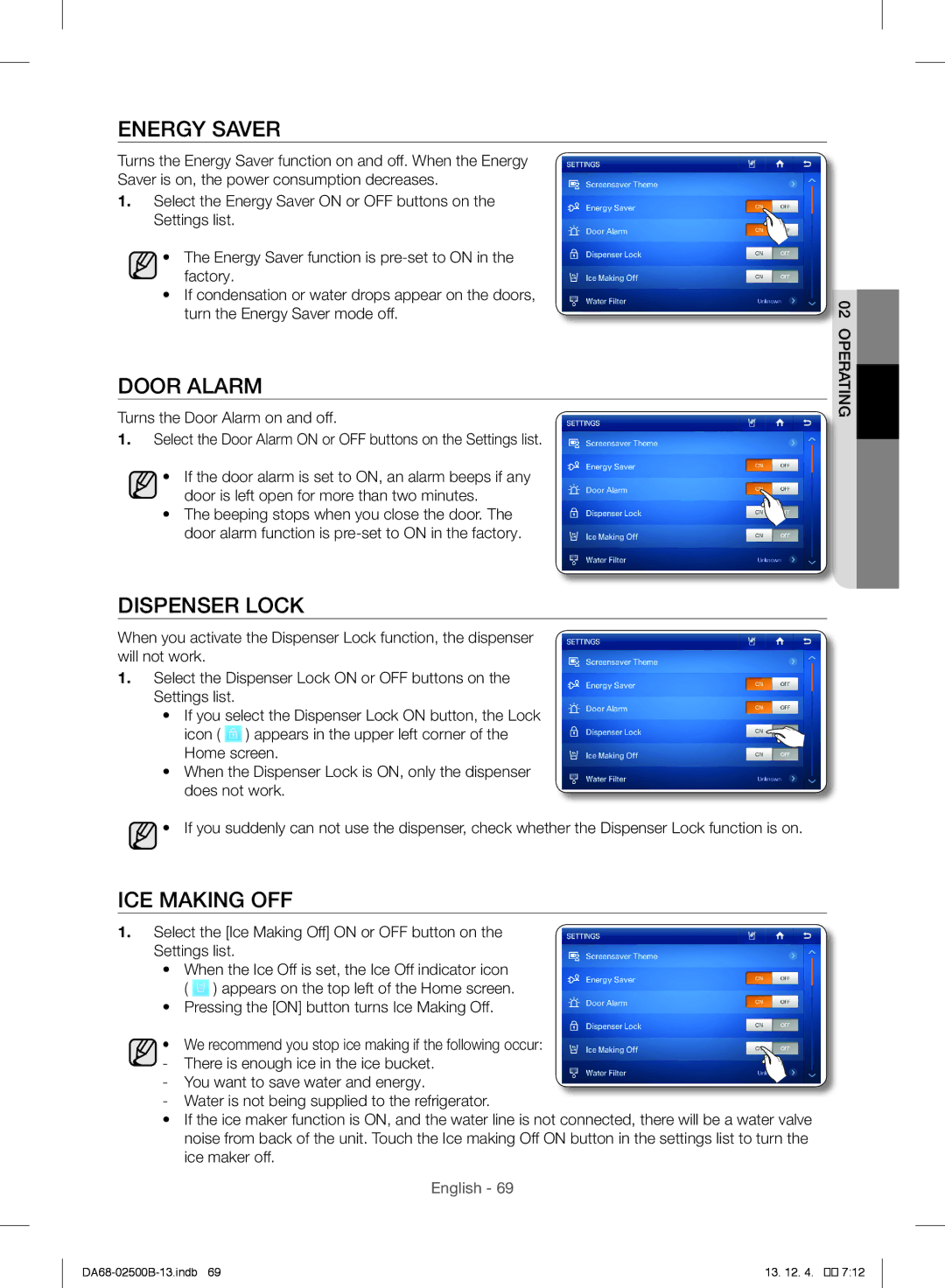 Samsung RSG309AARS/XAA manual Energy Saver, Door Alarm, Dispenser Lock, ICE Making OFF 