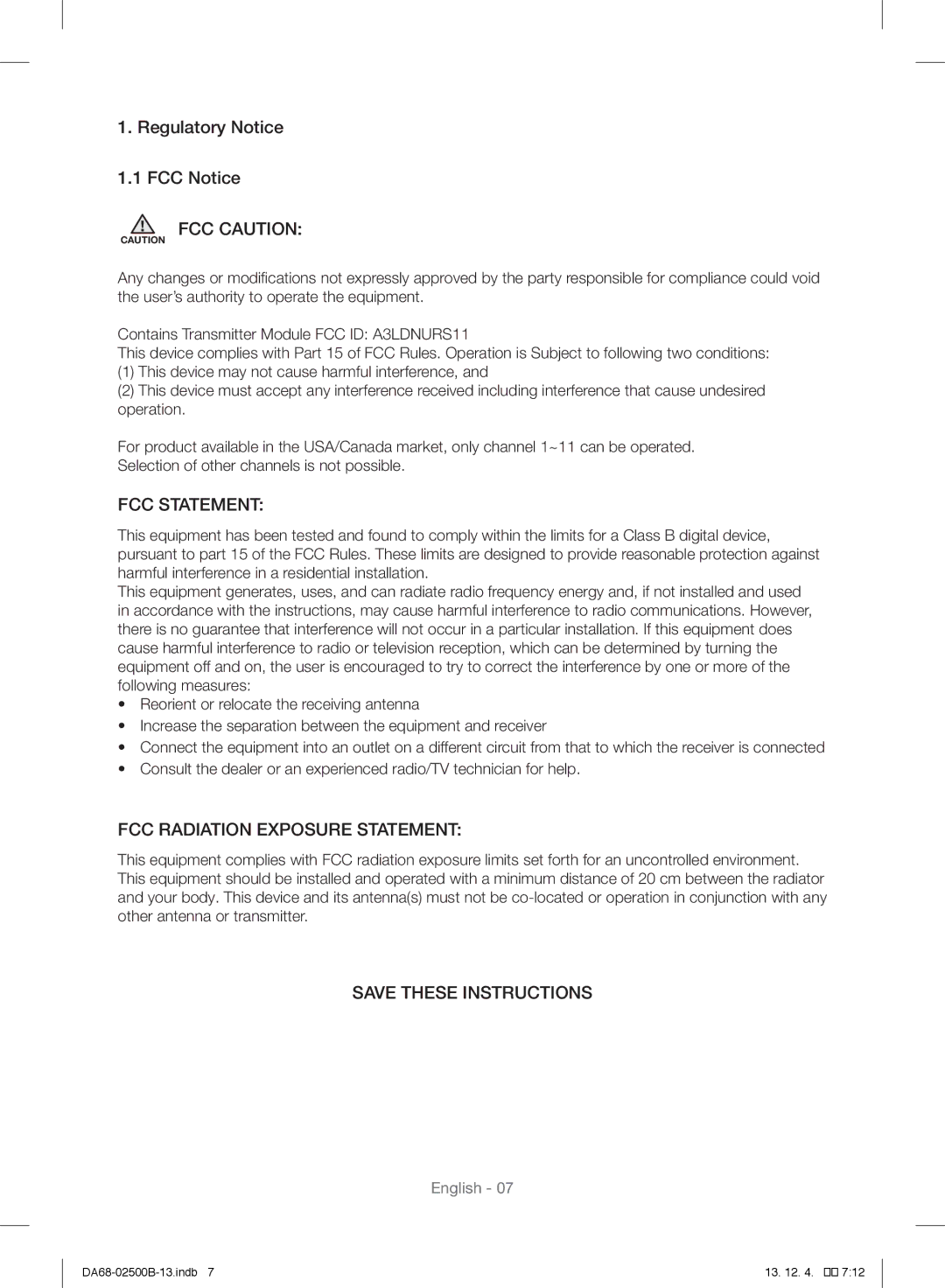 Samsung RSG309AARS/XAA manual FCC Caution 