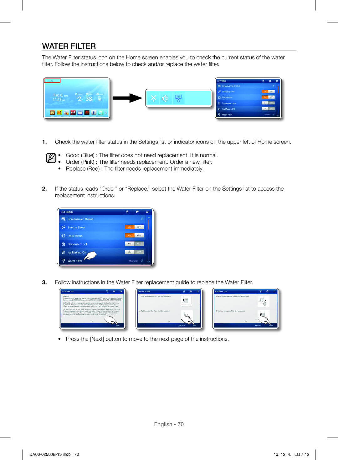 Samsung RSG309AARS/XAA manual Water Filter 