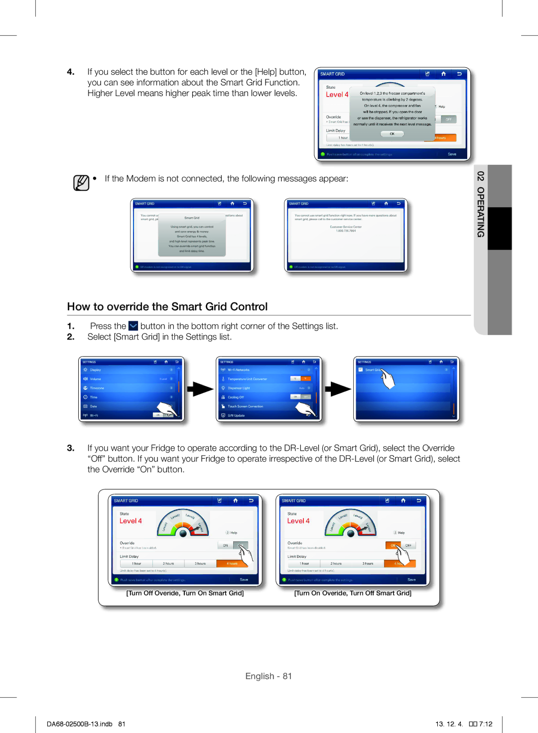 Samsung RSG309AARS/XAA manual How to override the Smart Grid Control 