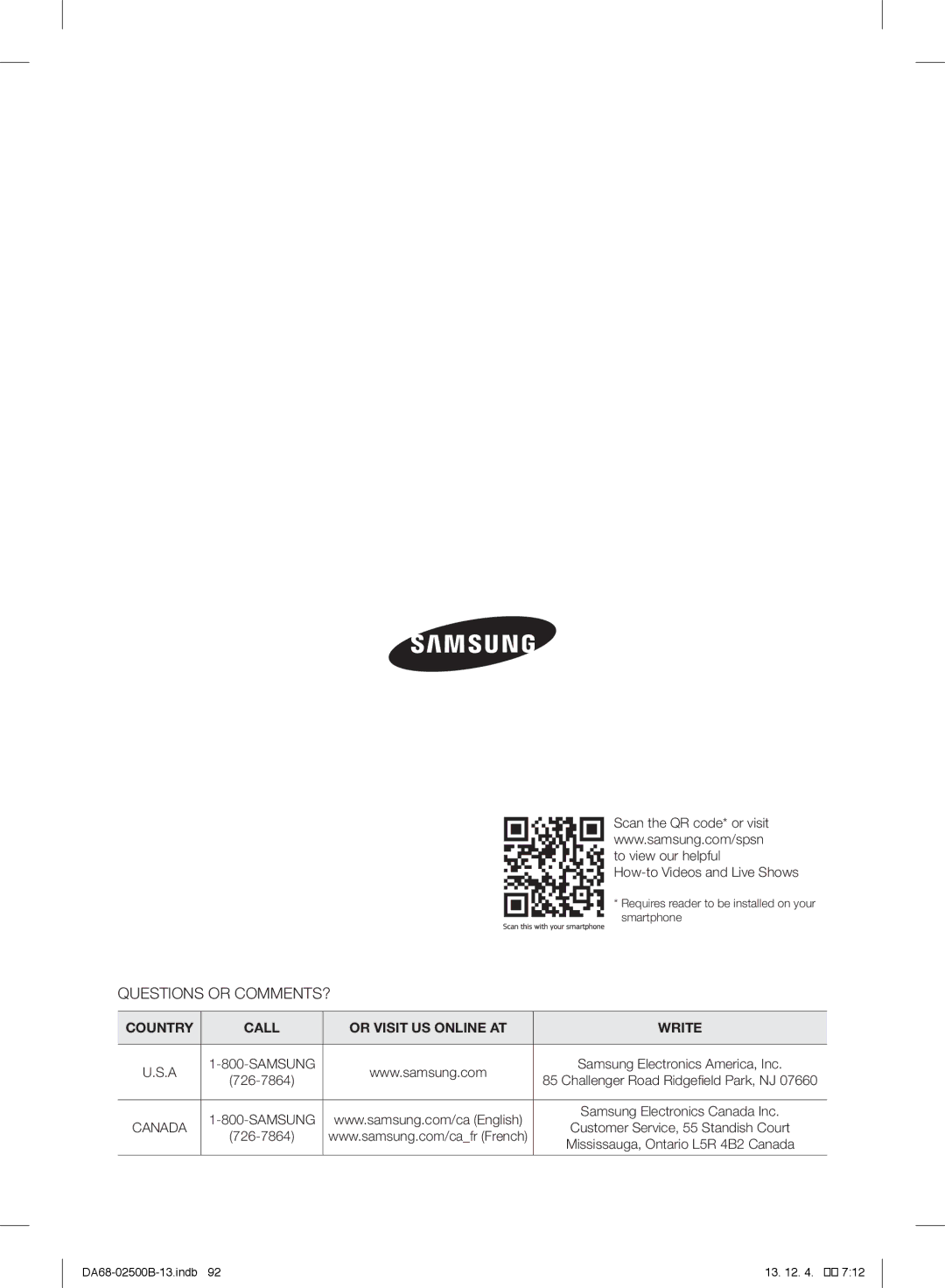 Samsung RSG309AARS/XAA manual Questions or COMMENTS? 