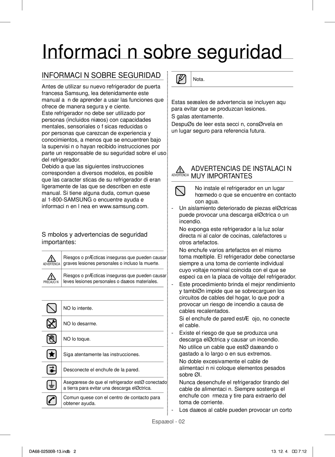 Samsung RSG309AARS/XAA manual Información sobre seguridad, Información Sobre Seguridad 