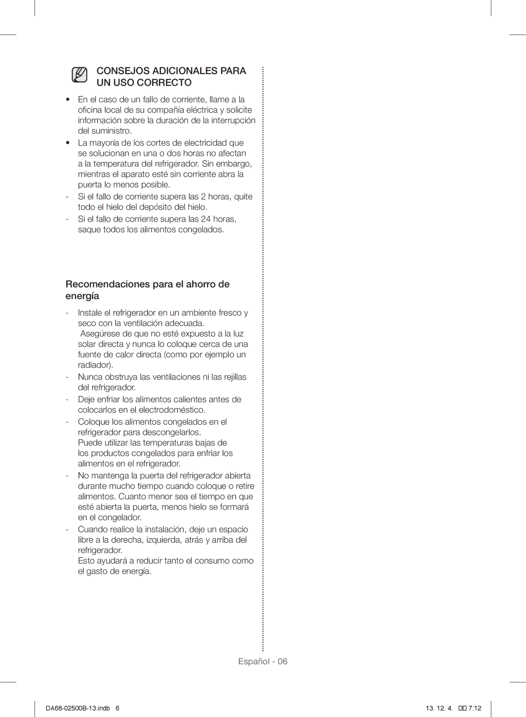 Samsung RSG309AARS/XAA manual Consejos Adicionales Para UN USO Correcto 