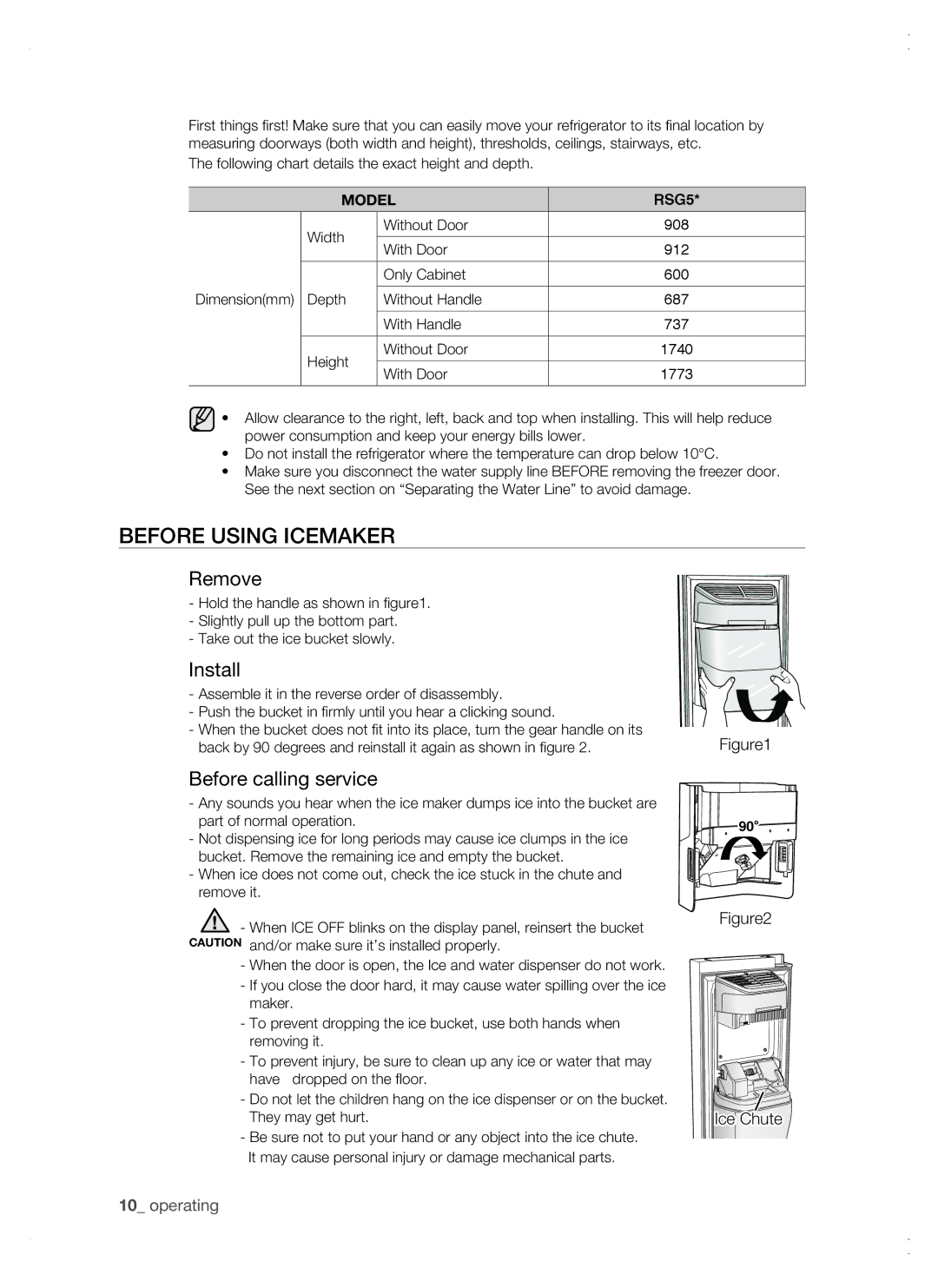 Samsung RSG5 user manual Before using icemaker, Remove, Install, Before calling service 