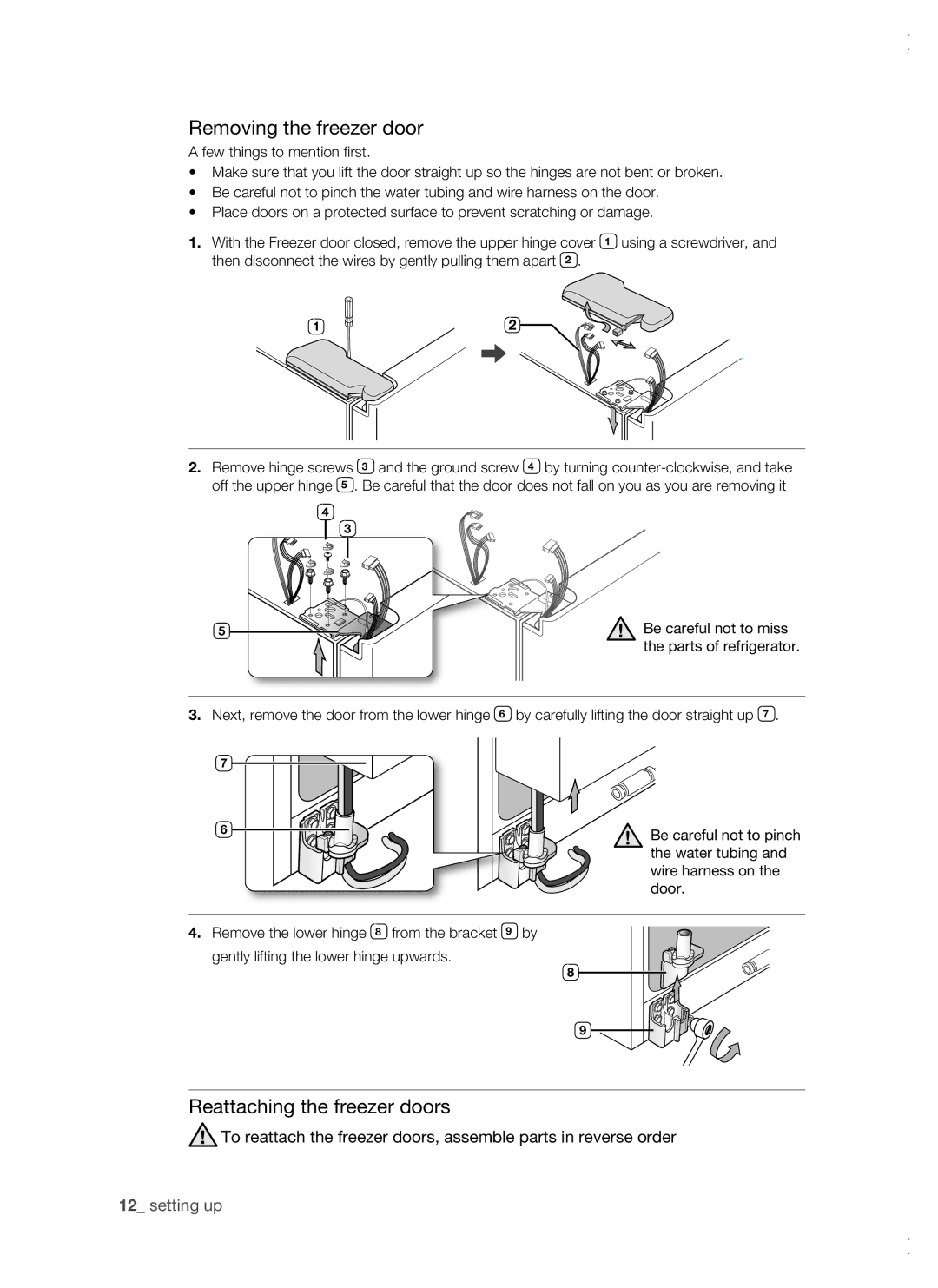 Samsung RSG5 user manual Removing the freezer door, Reattaching the freezer doors 