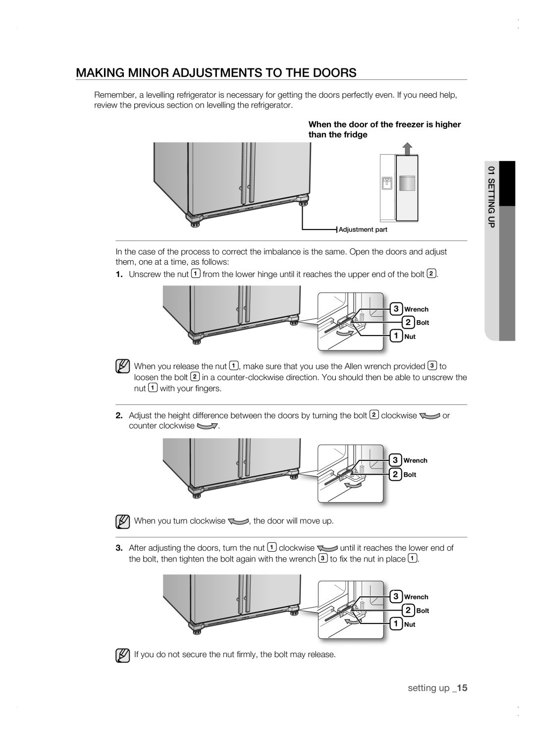 Samsung RSG5 user manual Making mInor adjustments to the doors, When the door of the freezer is higher than the fridge 