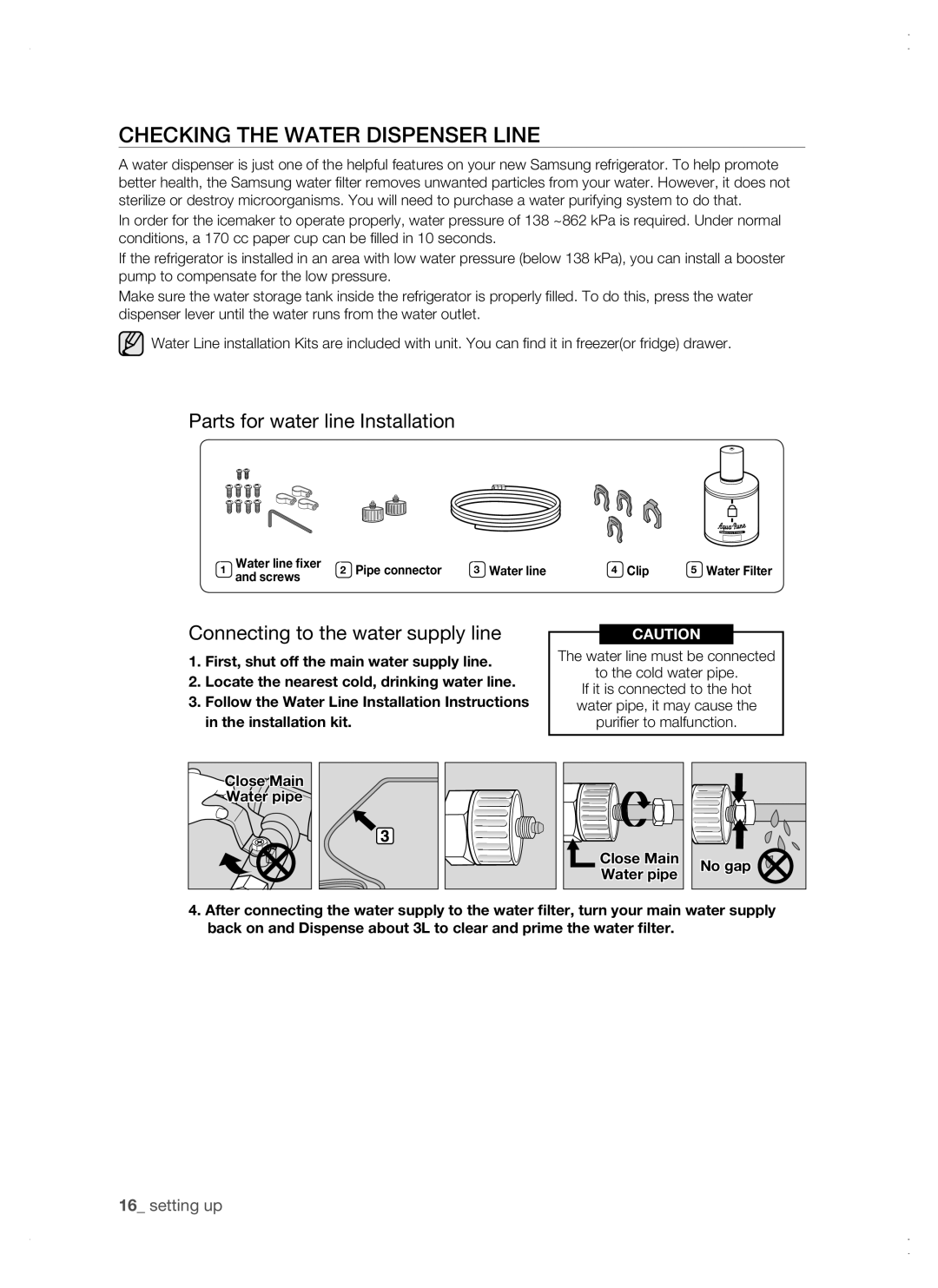 Samsung RSG5 user manual Parts for water line Installation, Connecting to the water supply line 