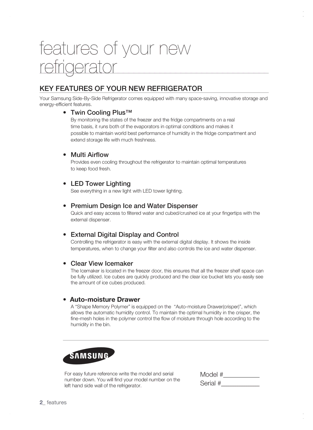 Samsung RSG5 user manual Key features of your new refrigerator 