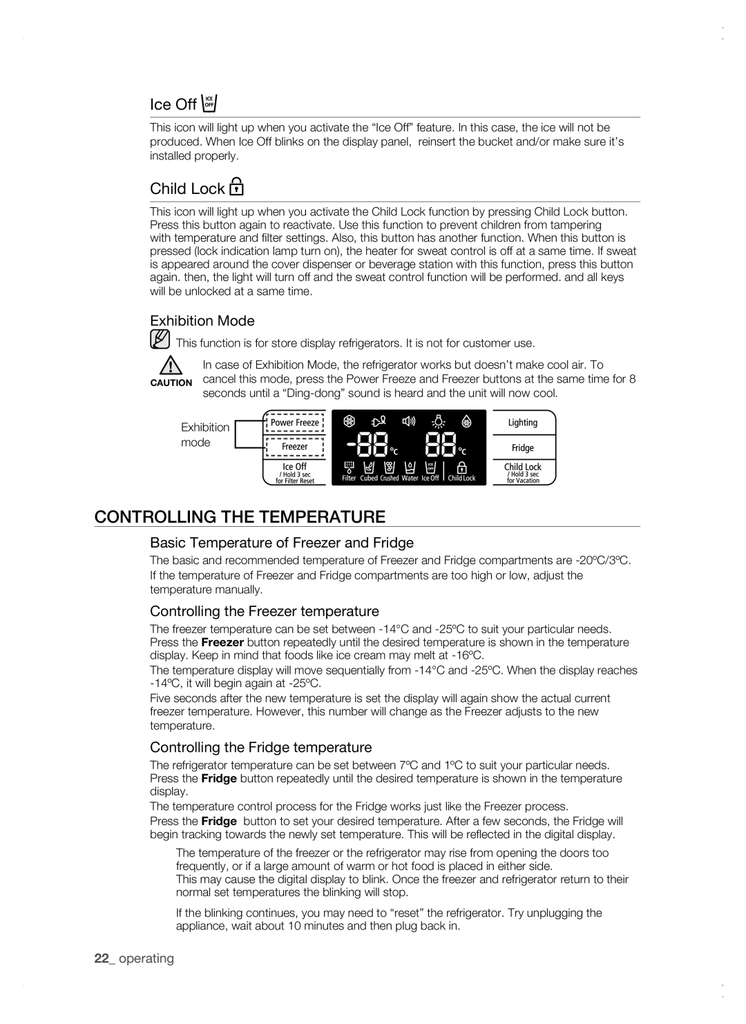 Samsung RSG5 user manual Controlling the temperature, Ice Off, Child Lock 