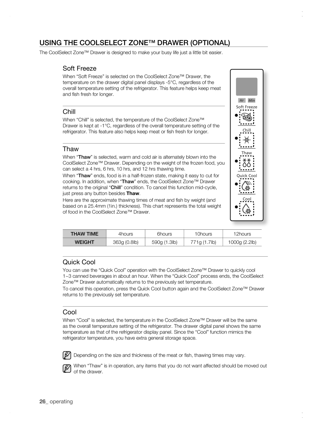 Samsung RSG5 user manual Using the CoolSelect Zone Drawer Optional 