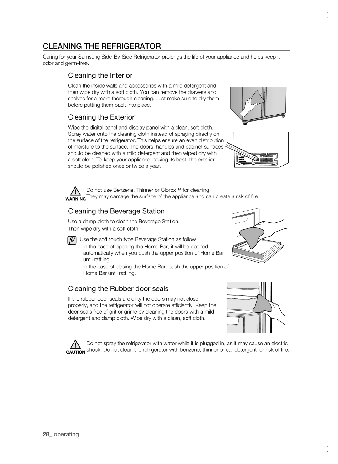 Samsung RSG5 Cleaning the refrigerator, Cleaning the Interior, Cleaning the Exterior, Cleaning the Beverage Station 