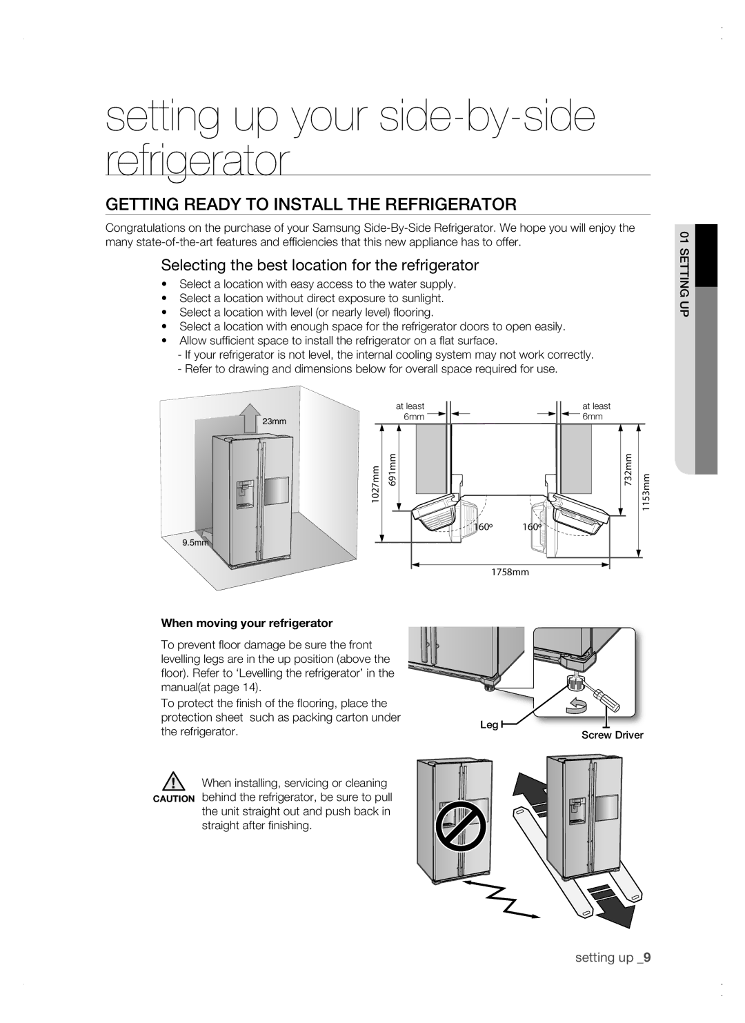 Samsung RSG5 user manual Getting ready to install the refrigerator, Selecting the best location for the refrigerator 