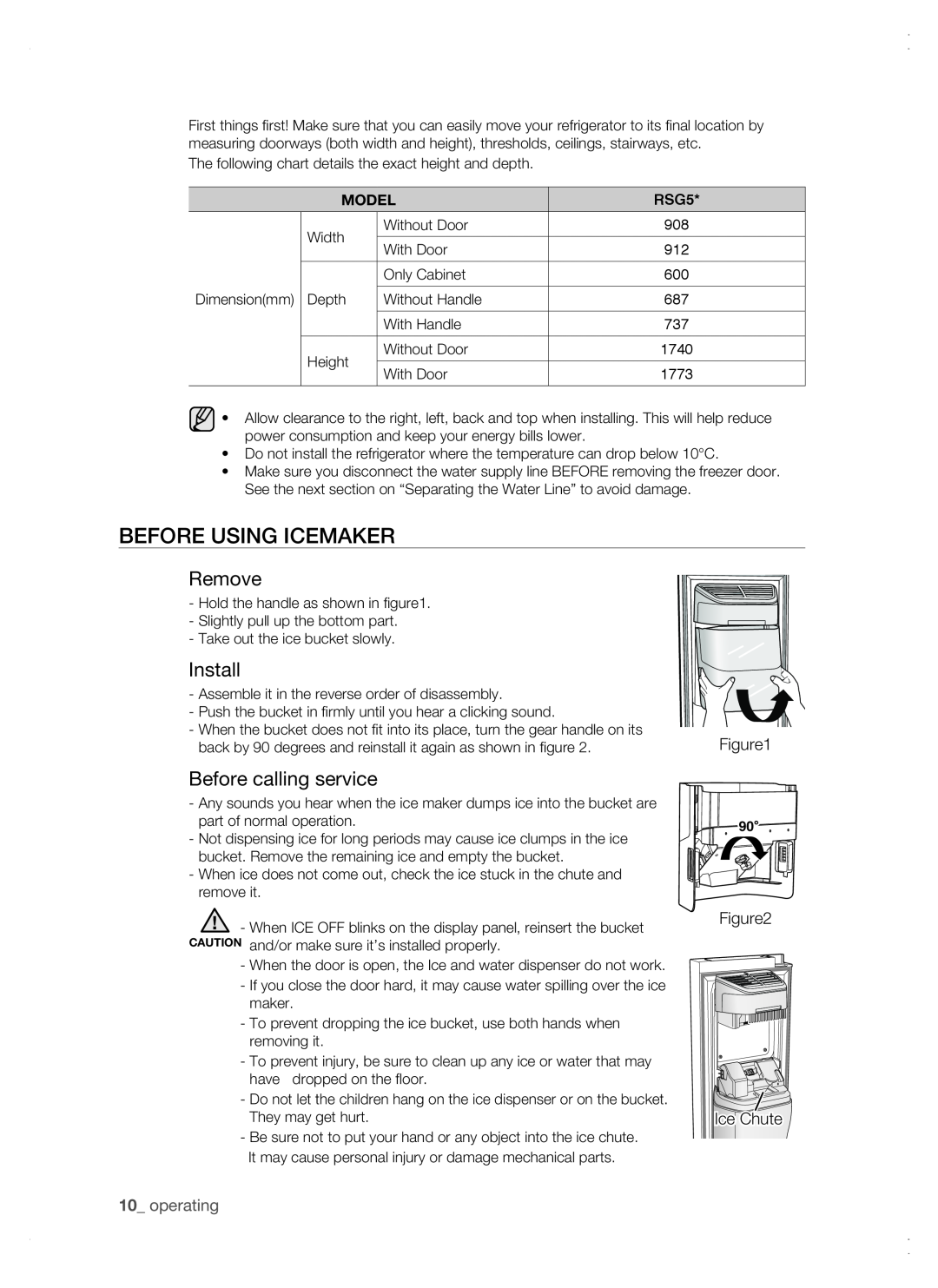 Samsung RSG5 user manual before using icemaker, Remove, Install, Before calling service, operating 