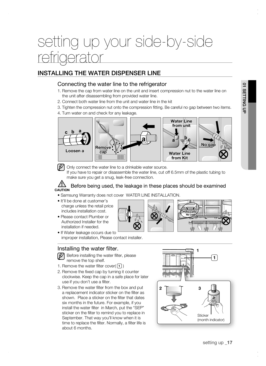 Samsung RSG5 user manual Installing the water dispenser line, Connecting the water line to the refrigerator, setting up 