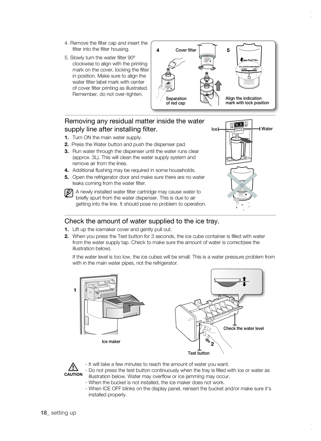 Samsung RSG5 user manual Removing any residual matter inside the water, supply line after installing filter, setting up 