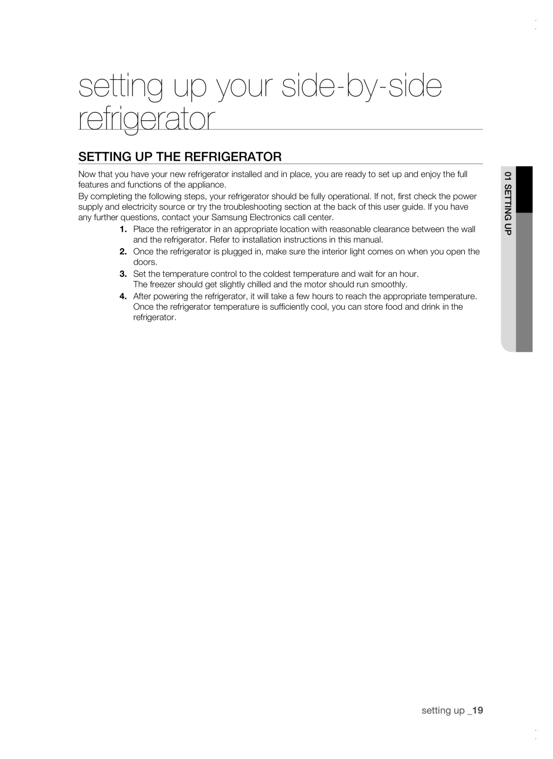 Samsung RSG5 user manual Setting up the refrigerator, setting up your side-by-side refrigerator 