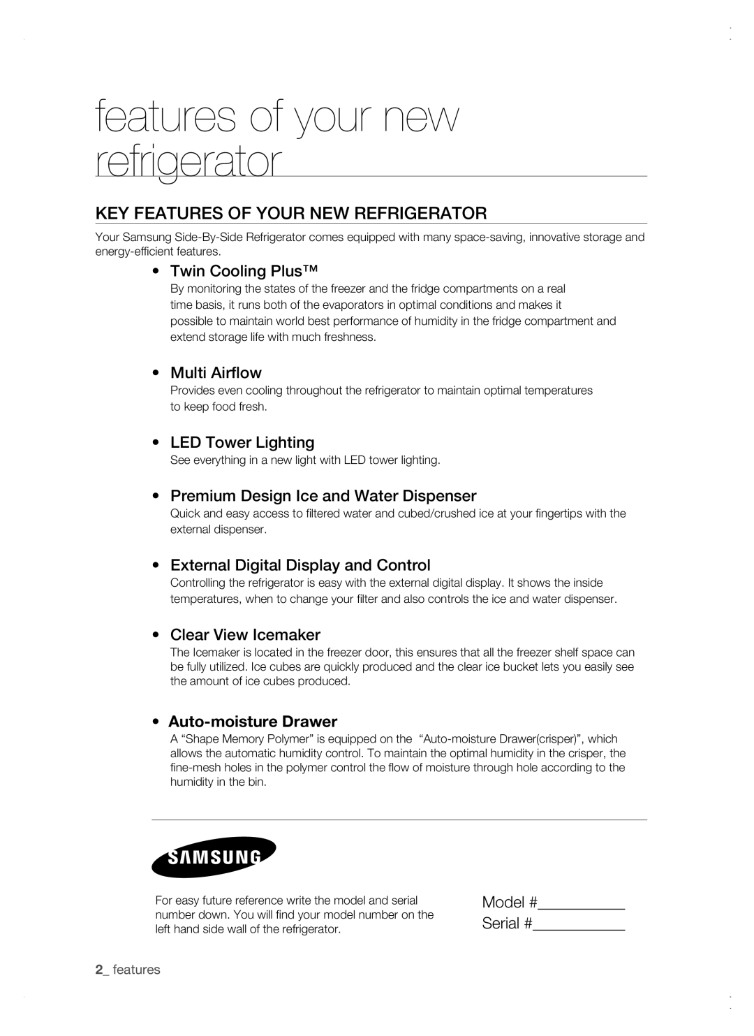 Samsung RSG5 Key features of your new refrigerator, Twin Cooling Plus, Multi Airflow, LED Tower Lighting,  features 