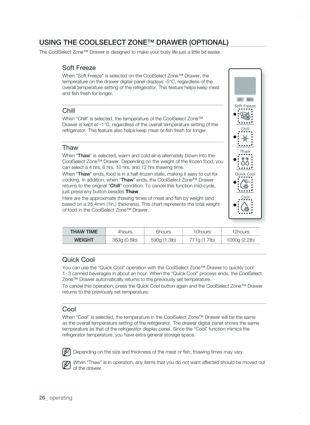 Samsung RSG5 user manual Using the CoolSelect Zone Drawer OPTIONAL, Soft Freeze, Chill, Thaw, Quick Cool, operating 