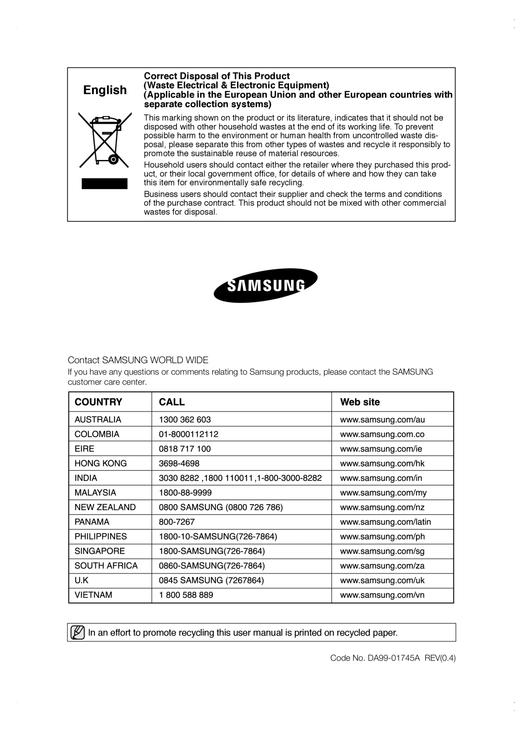 Samsung RSG5 user manual Contact SAMSUNG WORLD WIDE, Code No. DA99-01745A REV0.4 