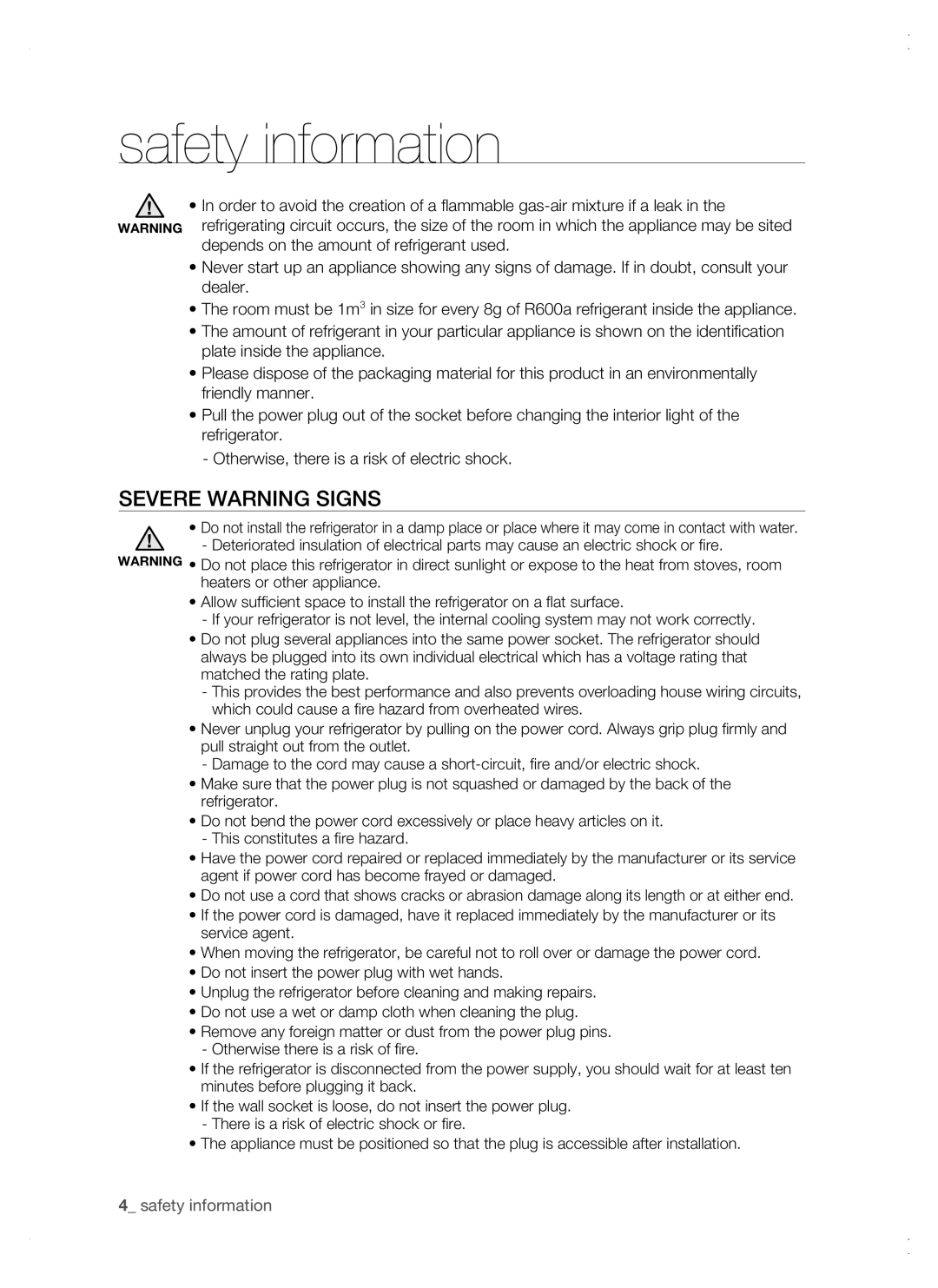 Samsung RSG5 user manual Severe Warning Signs,  safety information 