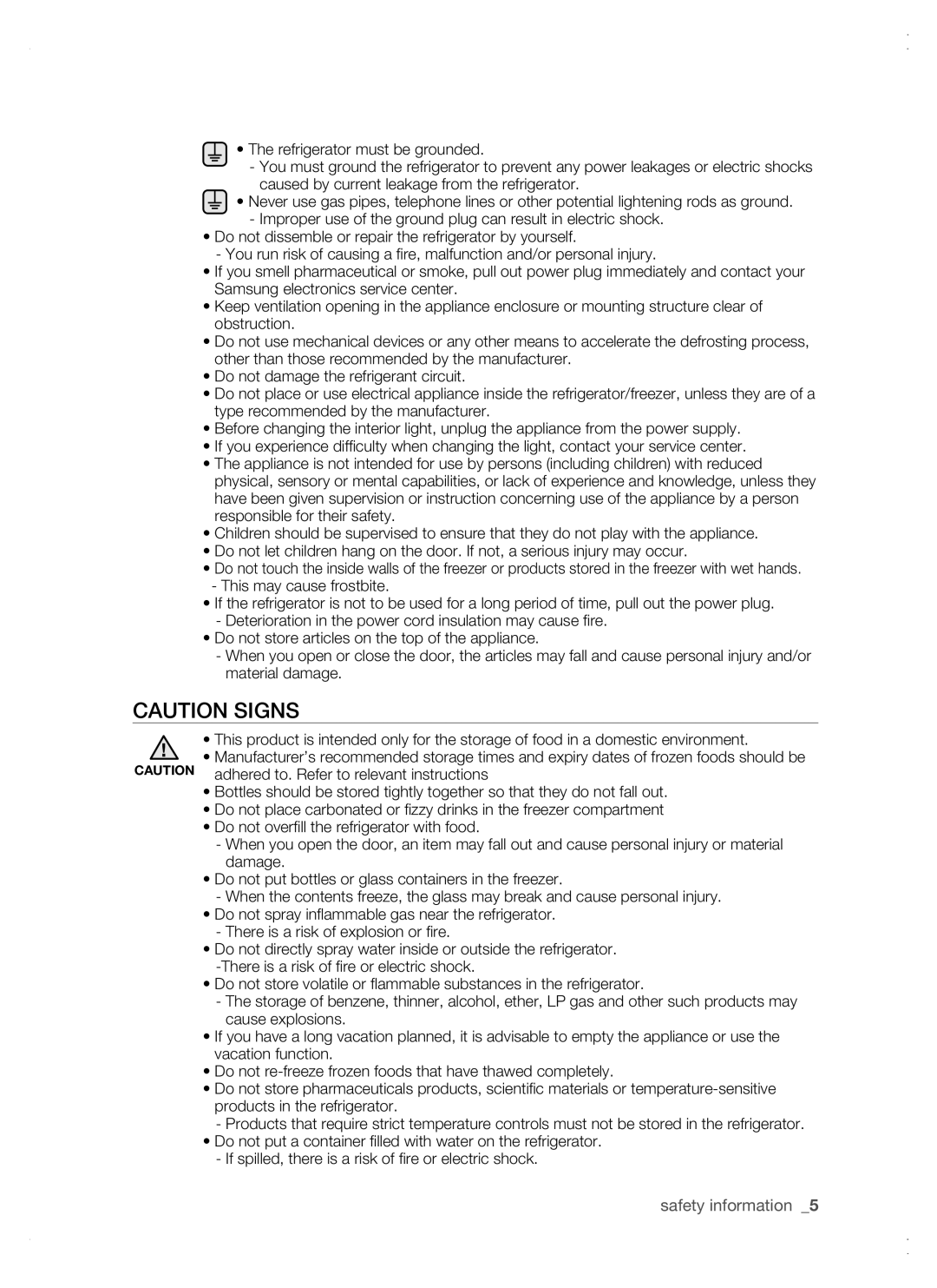 Samsung RSG5 user manual Caution Signs, safety information  