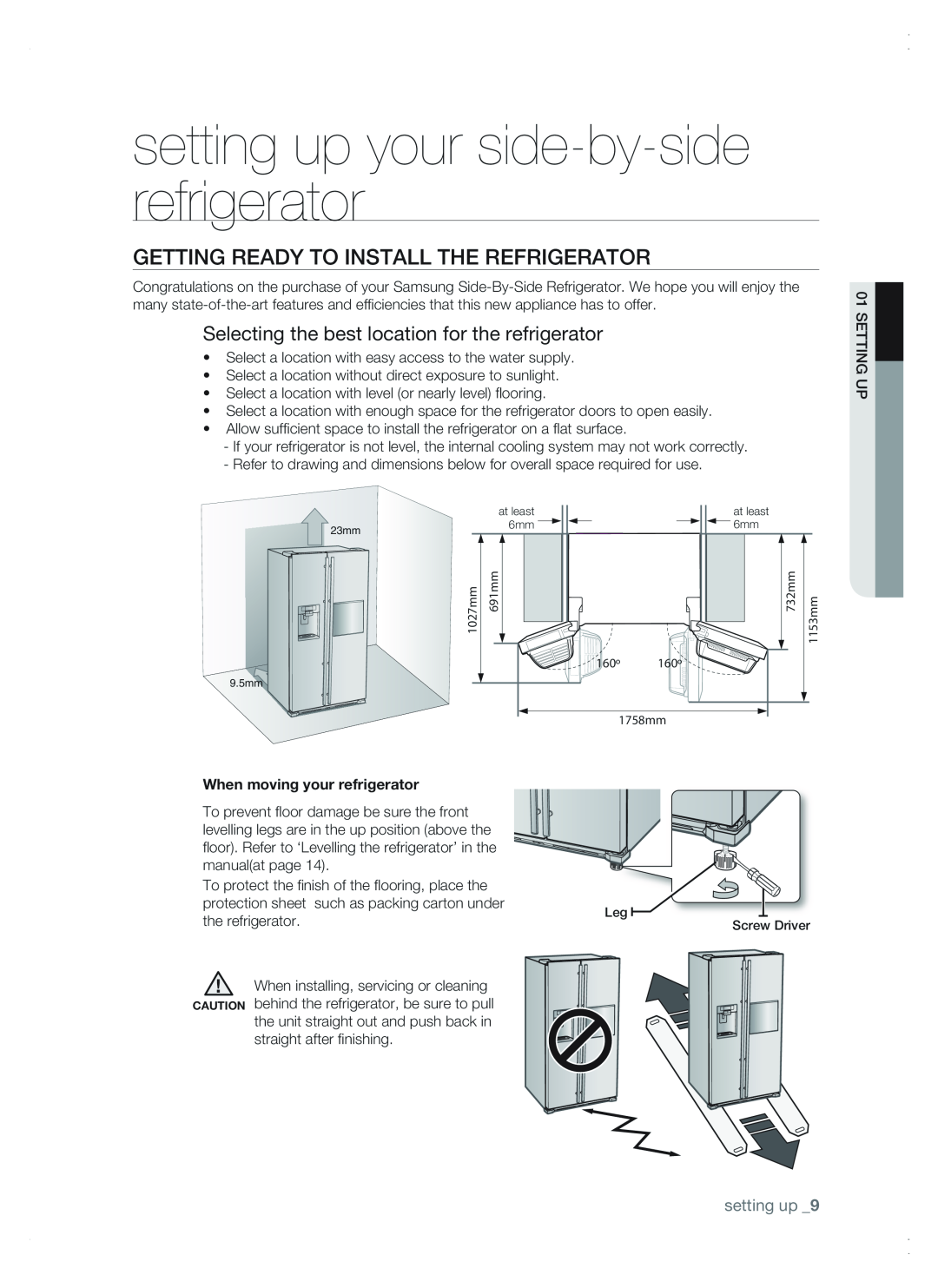 Samsung RSG5 user manual setting up your side-by-side refrigerator, Getting ready to install the refrigerator, setting up  
