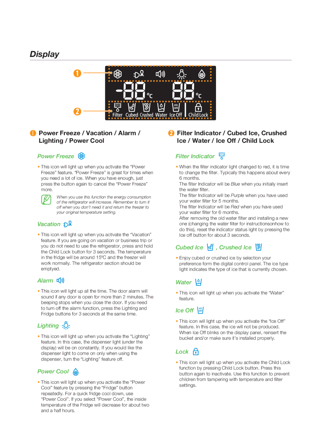 Samsung RSG5K**, RSG5D**, RSG5F** quick start Display, ❶ Power Freeze / Vacation / Alarm / Lighting / Power Cool 