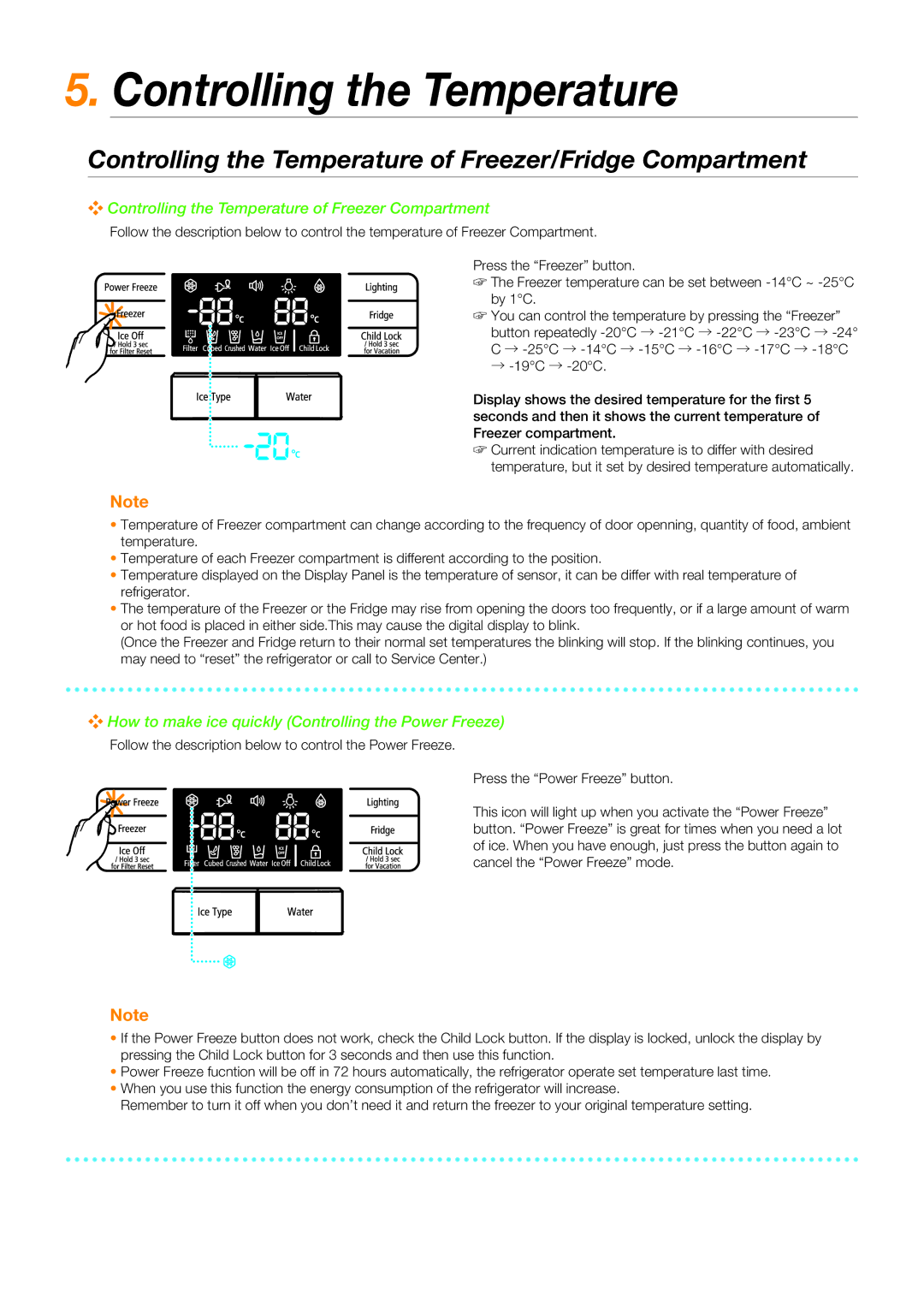 Samsung RSG5F**, RSG5D**, RSG5K** quick start Controlling the Temperature of Freezer/Fridge Compartment 