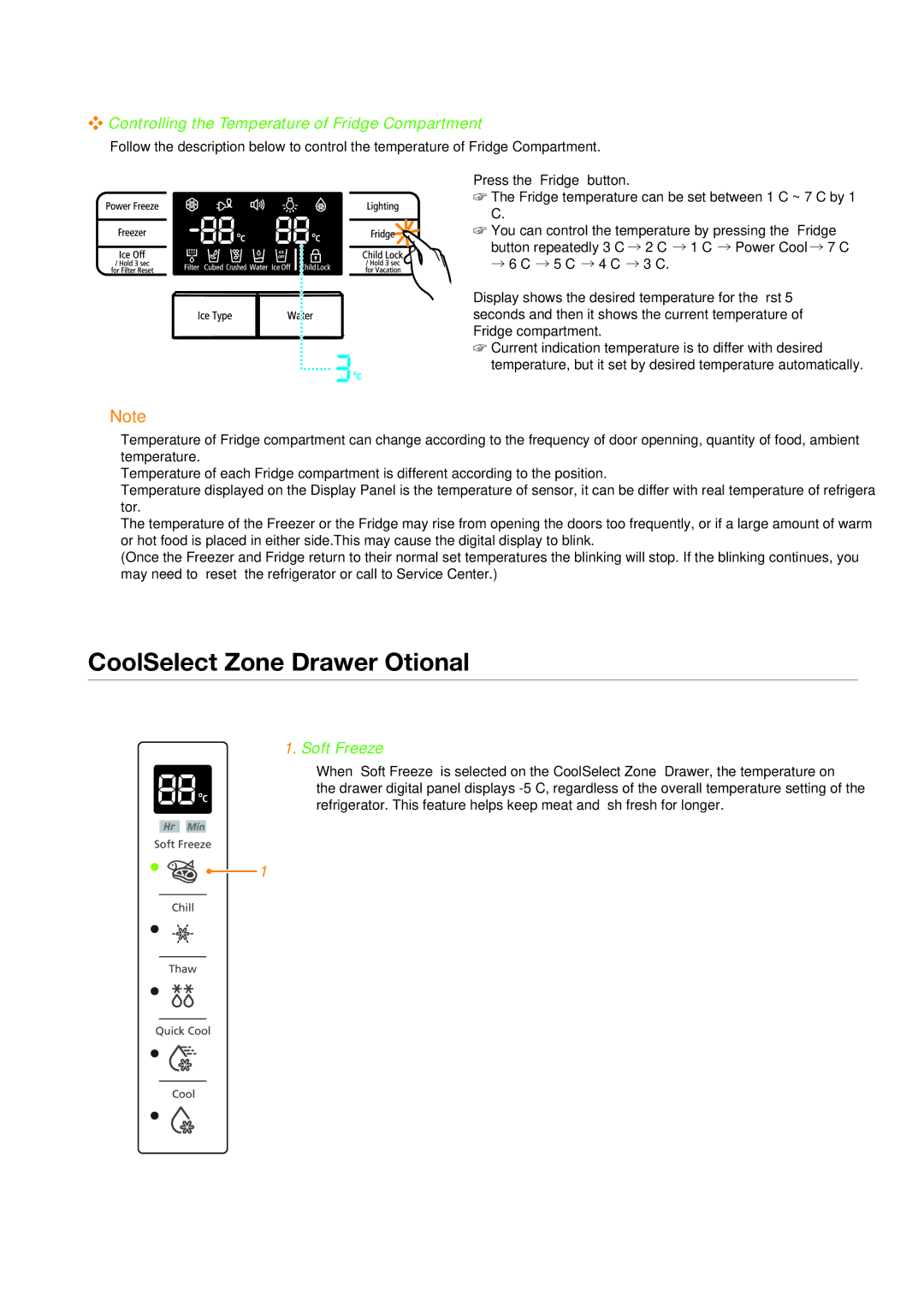 Samsung RSG5K**, RSG5D** CoolSelect Zone Drawer Optional, Controlling the Temperature of Fridge Compartment, Soft Freeze 