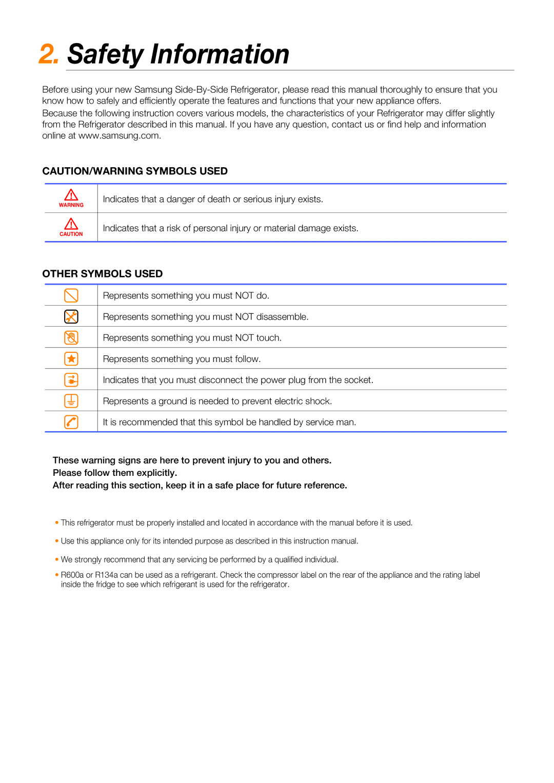 Samsung RSG5D**, RSG5F**, RSG5K** quick start Safety Information, Other Symbols Used 