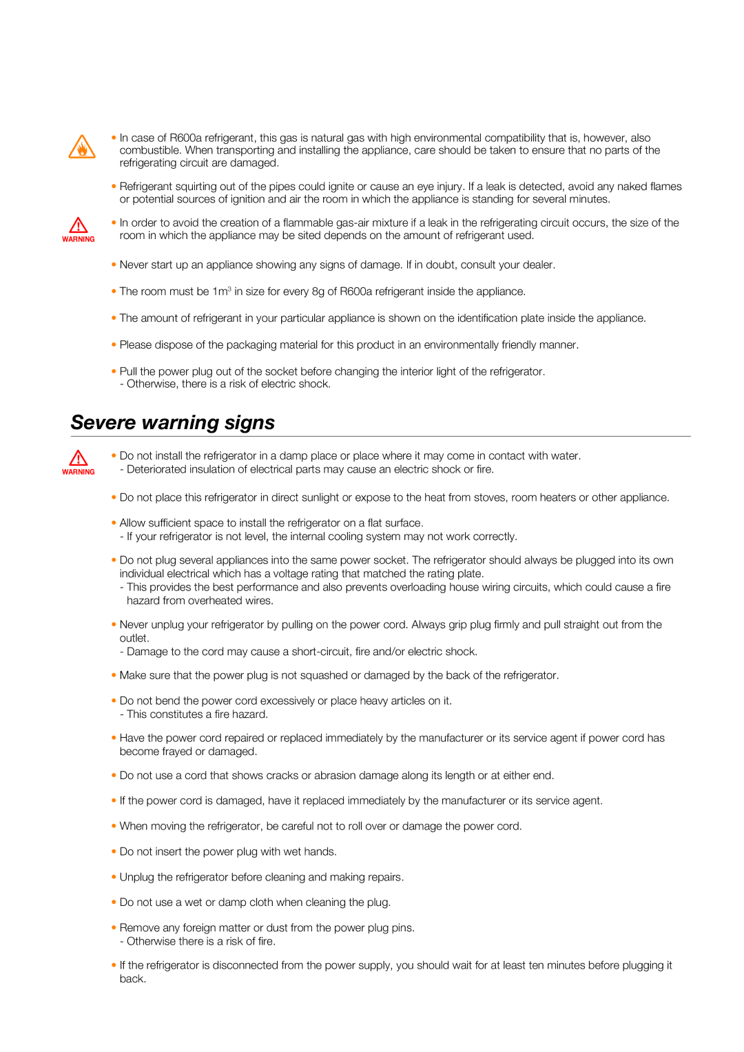 Samsung RSG5F**, RSG5D**, RSG5K** quick start Severe warning signs 